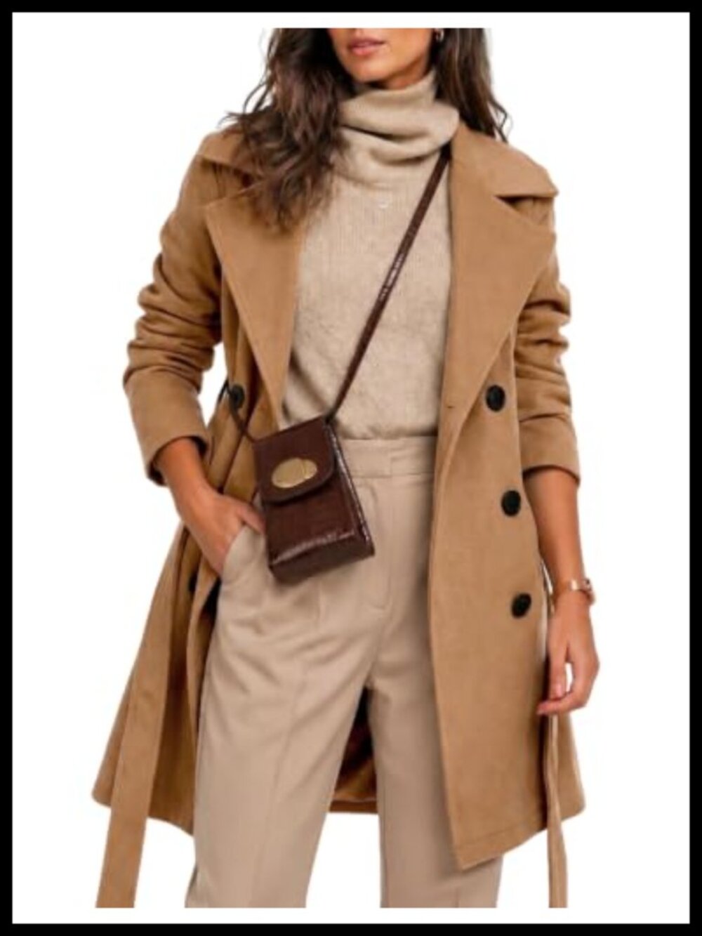Wool Blend Double Breasted Midi Trench Coat with Belt Notch Lapel